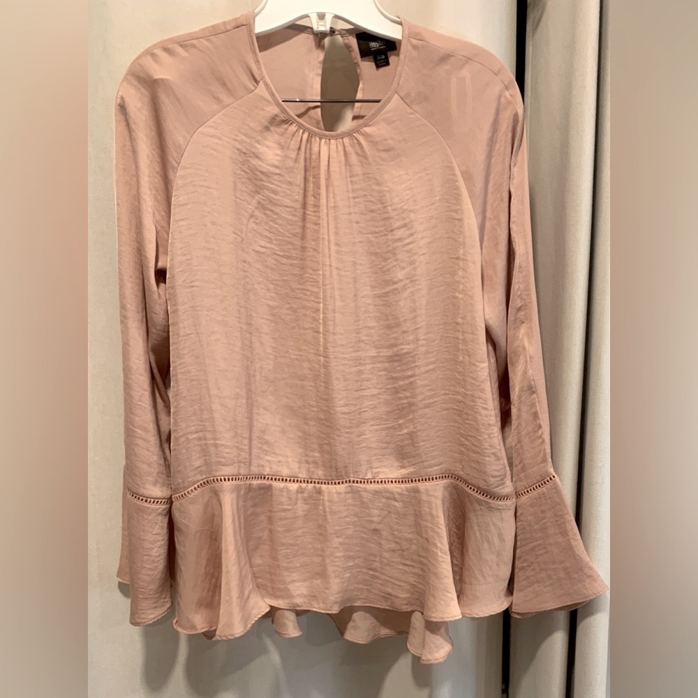 Mossimo Women's Rose Pink Dress Blouse, Tulip Sleeves, Ruffle Button; Size XS